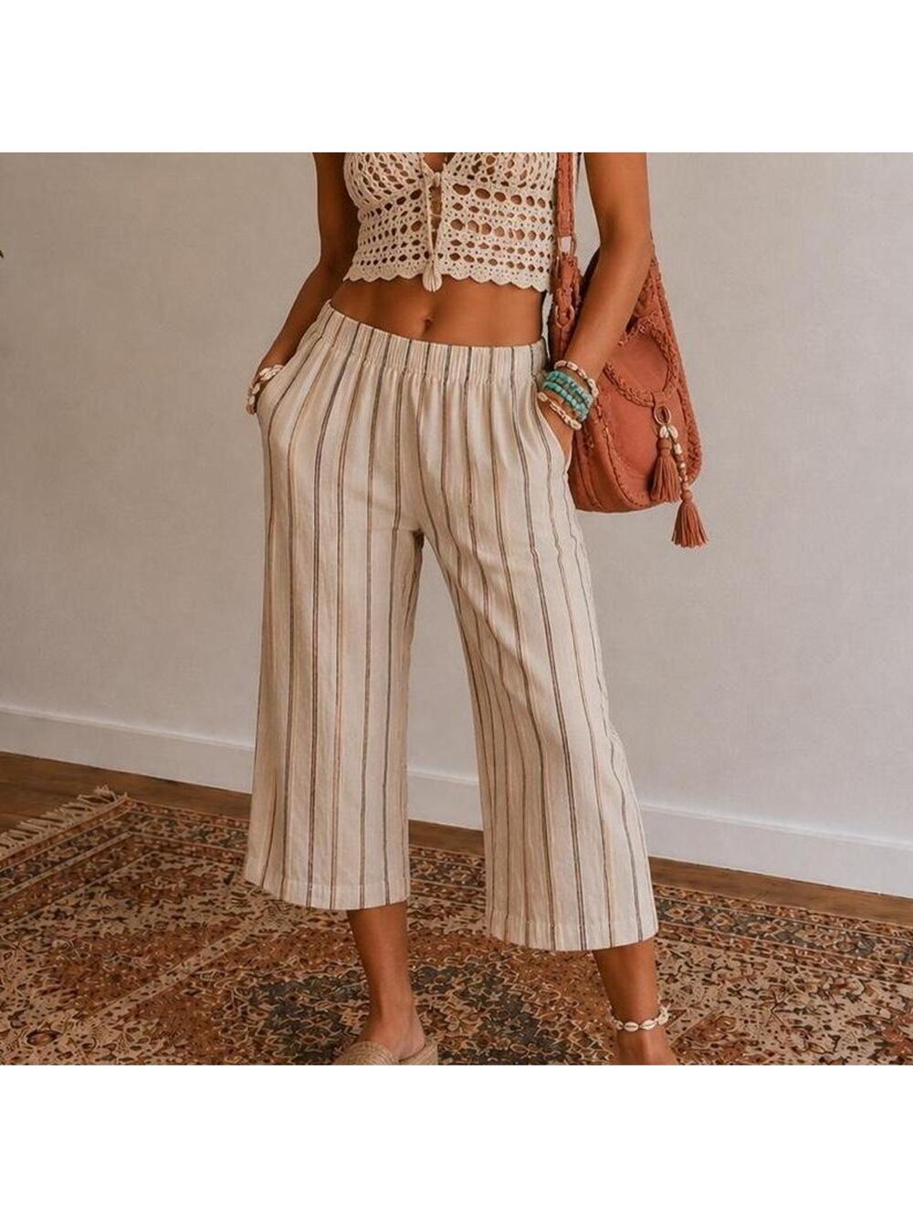 Vintage Vtg y2k beachy coastal grandma boho linen blend striped capris